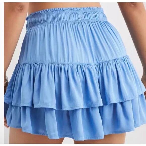 Aerie Sweet N Silky Satin Ruffle Tiered Mini Skirt Blue Sz L Flowy Y2K Western - Picture 2 of 9